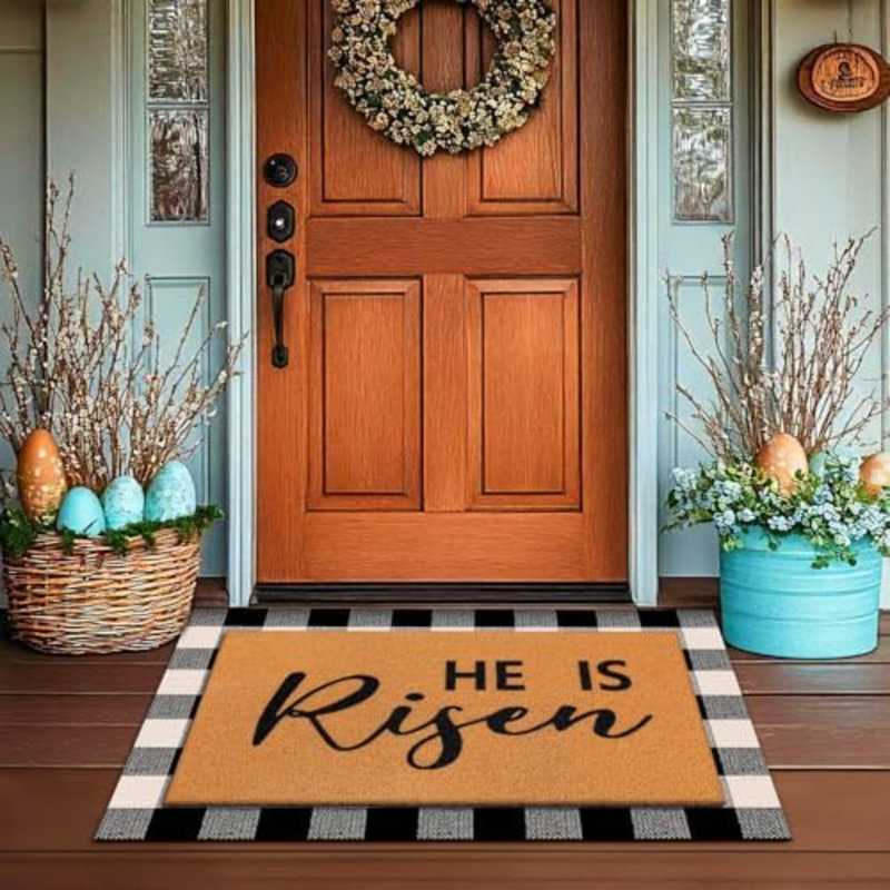 Ensemble de 2 tapis de paillasson en fibre de coco à 2 couches "He is Risen Welcome" avec tapis noir et blanc Buffalo