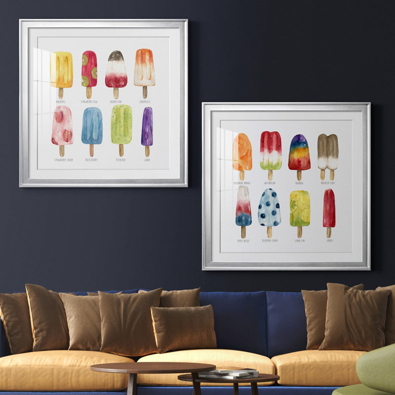 Popsicles Come Chill - ensemble de 2 reproductions, H 26,5 po x l 53 po x P 1,5 po, Papier avec cadre argenté, Blanc