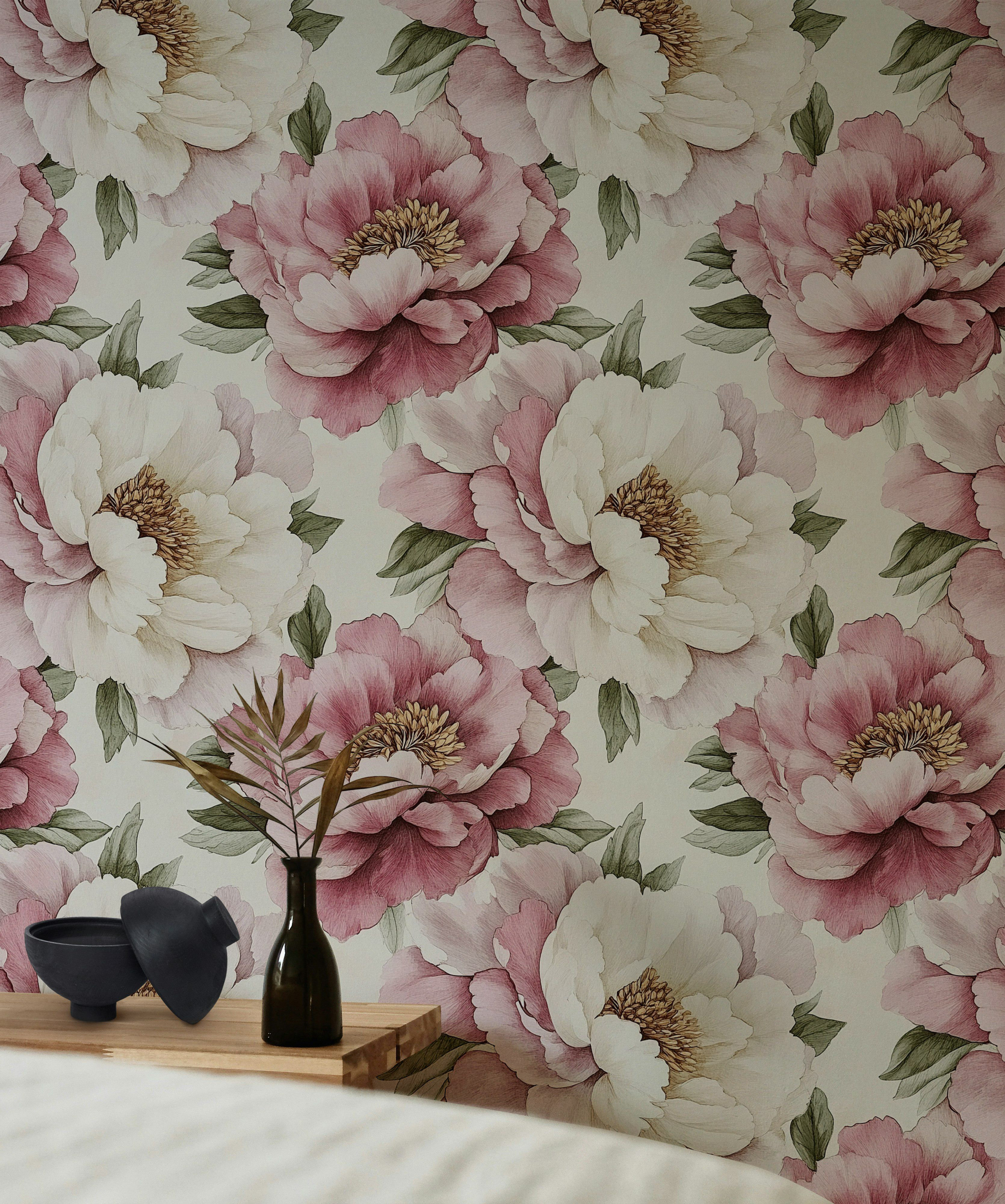 Charlton Home® Elegant Blush Pink Peony Wallpaper Large Floral Peel and ...