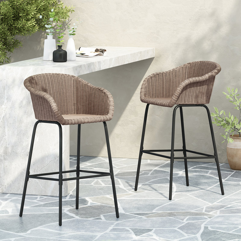 Outdoor Metal Wicker Barstool, Light Brown