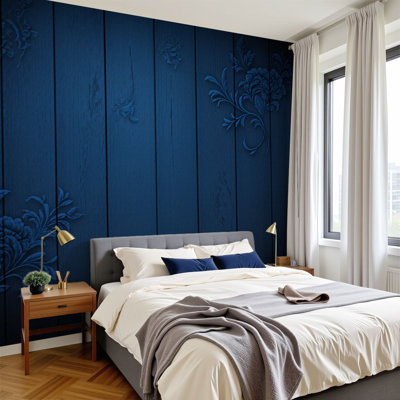 Peel and Stick Wallpaper 96" W x 69" H Modern Self Adhesive Wall Mural for Bedroom Blue Wooden Wall Floral Relief Design