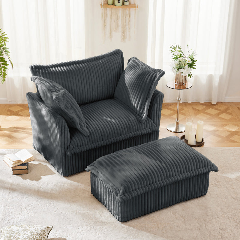 Fauteuil rembourré avec housse avec repose-pieds, assise profonde pour le salon, grands coussins moelleux pour un confort ultime
