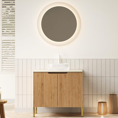 Meuble-lavabo de 76 cm avec lavabo rond transparent artistique, comptoir en pierre frittée, armoire en contreplaqué à 2 portes, aménagement moderne comprenant lavabo et accessoires.