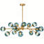Lustre Sputnik moderne à 15 lumières de 104 cm de largeur, avec abat-jour en verre bleu et fini or brossé