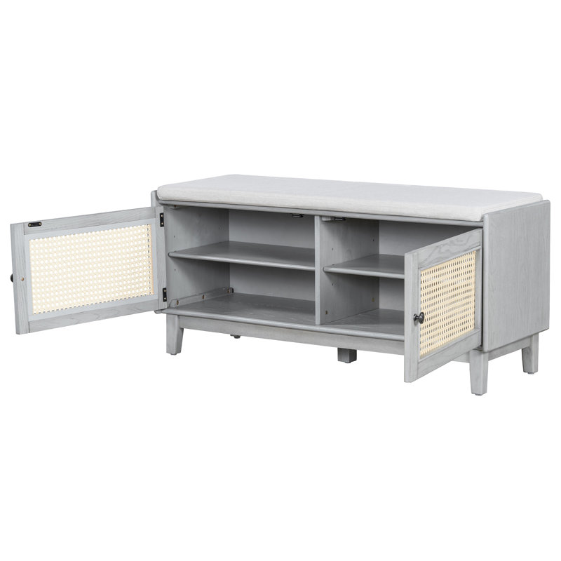 Banc en rotin avec rangement Boho, Gris délavé