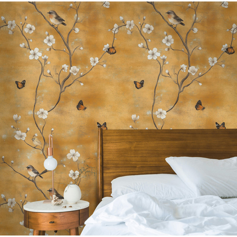 Papier peint rétro avec fleurs et papillons