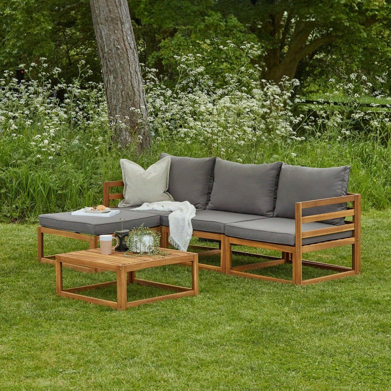 Rimasha 3 Seater Wooden Garden Sofa Set with Footstool & Coffee Table, Grey