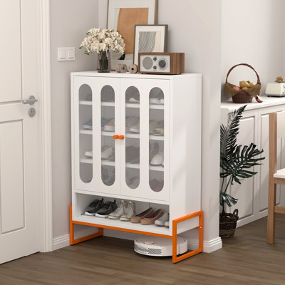 White Powder - Coated Freestanding Shoe Cabinet With Adjustable Mesh Doors, Magnetic Shelves, And Robot Vacuum Compatibility Double Door 3 4 15Cm Air Circulation, Dual Opening For Home Space