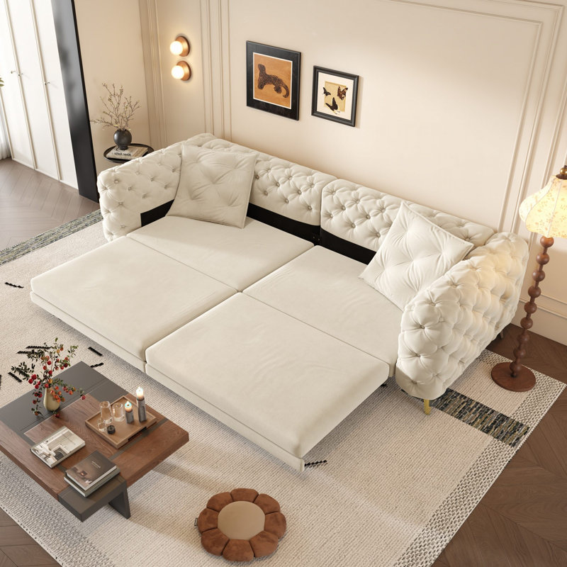 97.7" Pull-Out Sofa Bed, Velvet Convertible Sleeper Couch Bed Chesterfield Sofa With 2 Pillows and Removable Ottoman, Beige
