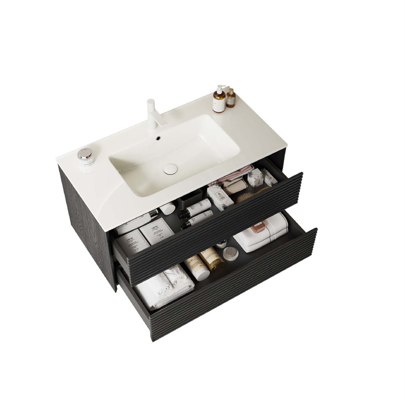 Meuble-lavabo de salle de bain avec lavabo, armoire de rangement murale moderne en contreplaqué flottant avec lavabo à 2 tiroirs en céramique avec couvercle et drain, pré-assemblé