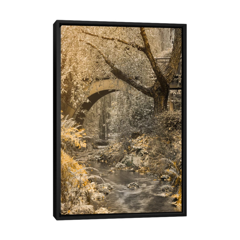 «Coulant sous le pont» par Don Schwartz - reproduction, H 26 po x l 18 po x P 1,5 po, Toile avec cadre noir, Pas de tapis
