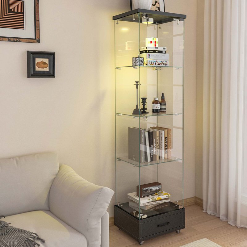 Modern Glass Display Cabinet with Drawer , Quick-assembly Antique Cabinet with LED lights, Tempered Glass Bookshelf,  1-Door Storage Case with 4 Shelves  for Living Room and Bedroom