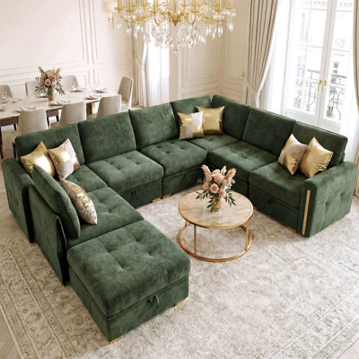 8-Piece Modular Sleeper Sectional Couch with Storage Seat, Luxury Chenille Sectional Sofa with Gold Legs and Accent