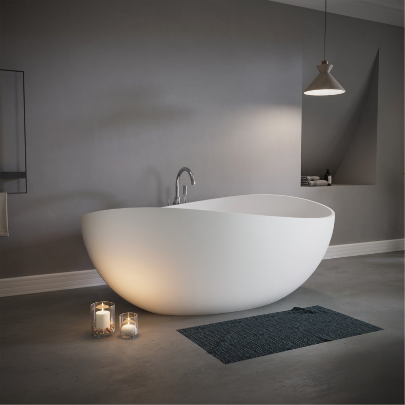 Baignoire de trempage autoportante en résine de pierre d'ingénierie 63 po avec trop-plein et bonde escamotable pour salle de bain contemporaine 63 po, blanc mat