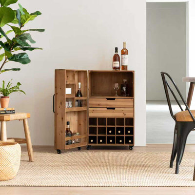 Mobile Wine Cabinet with Glass Rack, Rustic Wood Bar Storage Cart, 15-Bottle Holder with Drawers by Ebern Designs