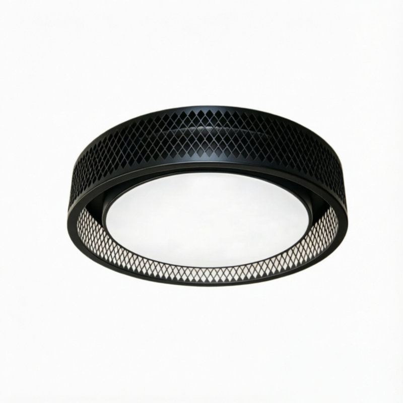 Plafonnier encastré moderne noir à DEL avec abat-jour en métal à motif de losanges, plafonnier rond de style industriel pour le salon, la chambre, le couloir de la cuisine (11,8 pouces)
