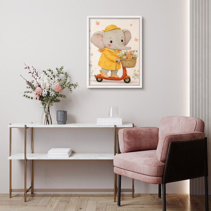 «Cute Elephant Scooter», reproduction d'art encadrée, chambre d'enfant, chambre d'enfant, H 14 po x l 11 po, White