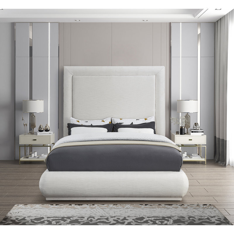 Lit plateforme tapissier en bois massif Prudhoe, Grand, Tissu texturé en lin crème