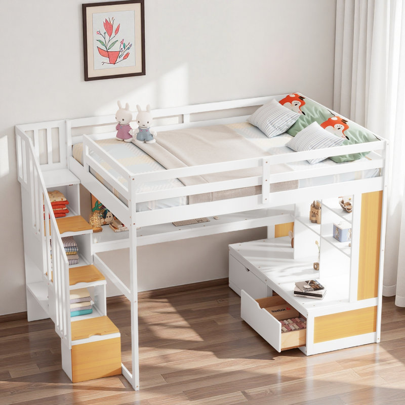 Lit mezzanine avec bureau, tablettes, 2 tiroirs intégrés et escalier de rangement, Blanc/naturel