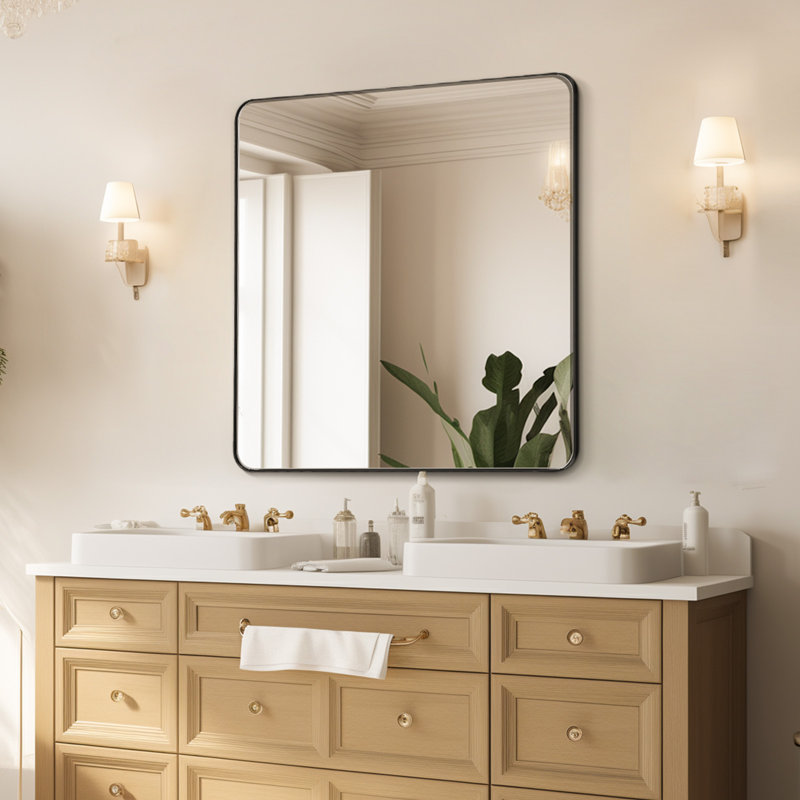 Square Wall Mounted Mirror 30" x 40" Mirror with Aluminium Alloy Frame, 36" x 36", Black, Square