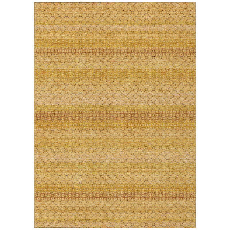 3' X 5' Wheat And Gold Striped Washable Indoor Outdoor Area Rug
