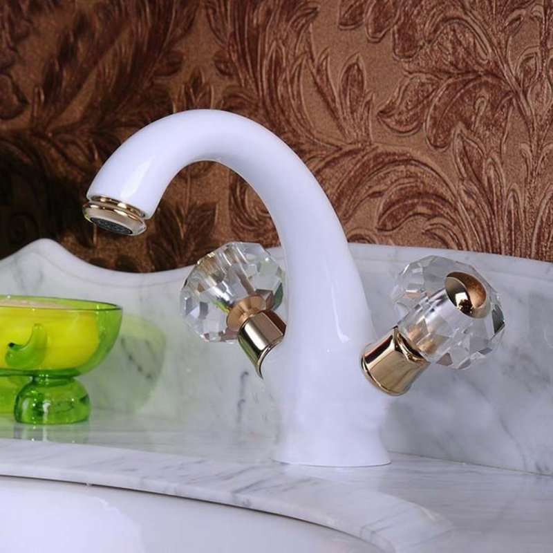 Juno White Crystal Double Handle Bathroom Sink Faucet – Elegant Brass & Crystal Design