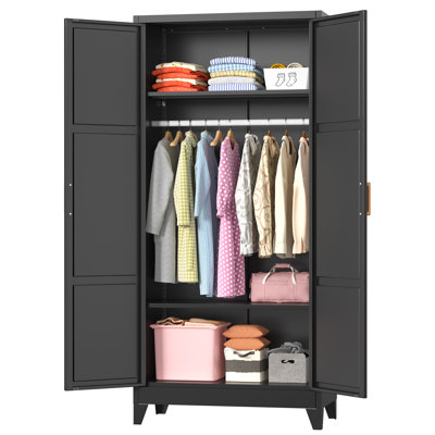 Armoire-penderie en métal avec poignée en bois, garde-robe en métal de 34 po de largeur avec tringles de suspension et tablettes réglables (noir)