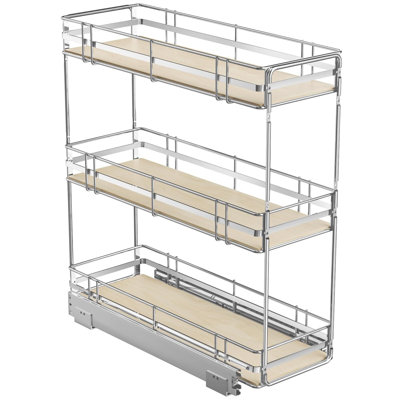 6"W x 20.5"D 3-Tier Pull Out Spice Rack Organizer with Solid Wood Base, Heavy Duty Chrome Slide Out Cabinet Storage