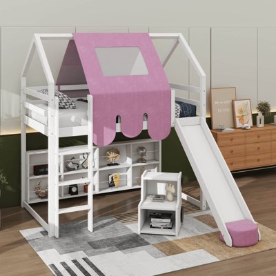 Charmant lit mezzanine en bois avec cadre en forme de maison et auvent de style tente