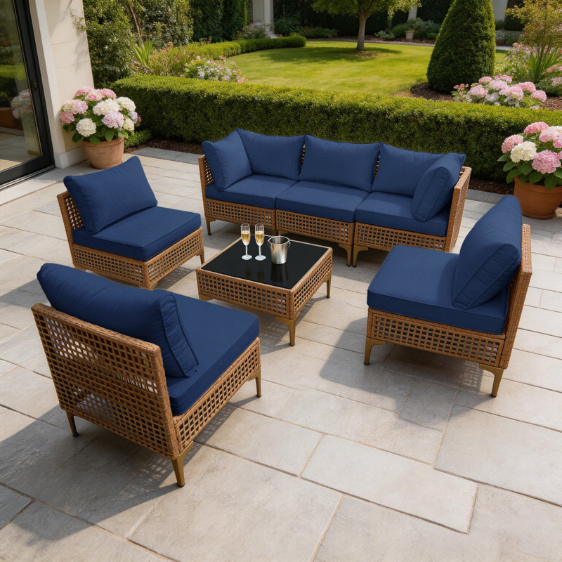 Ensemble de conversation modulaire en osier 7 pièces avec coussins pour la cour arrière / patio / piscine - bleu