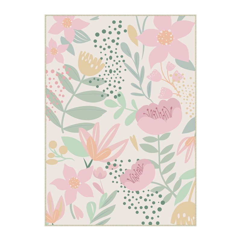 Cherry Machine Washable Floral Area Rug With Non-Slip Backing, Rectangle 3' x 5'