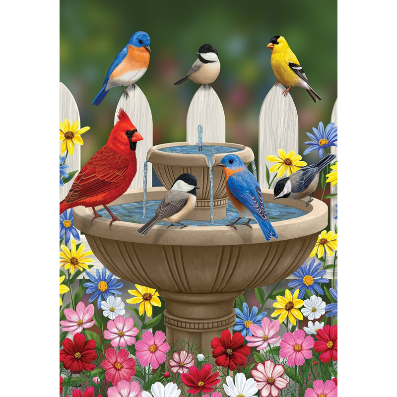 Drapeau de jardin saisonnier Birdbath Gathering