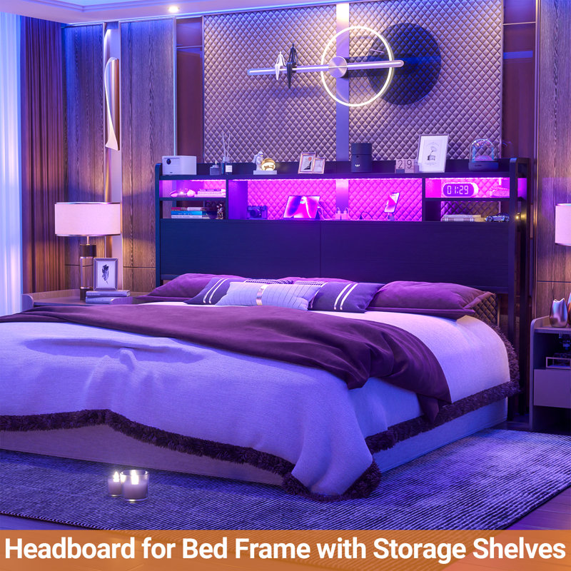 Storage Headboard with LED Lights, Bookcase Headboard with Charging Station, King, Black