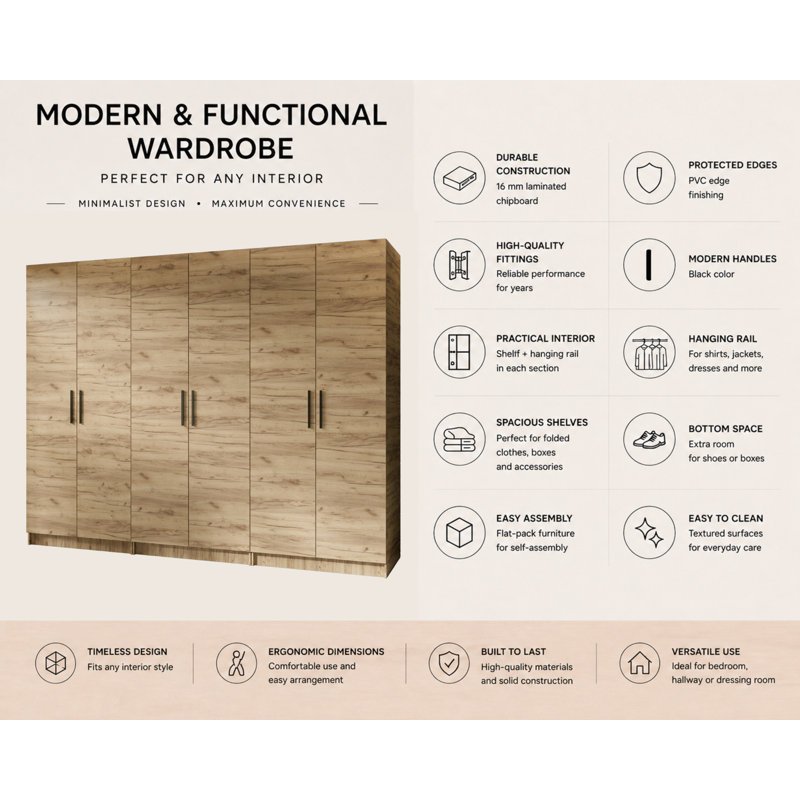 Nisean 6 Door Wardrobe, Oak Craft Gold