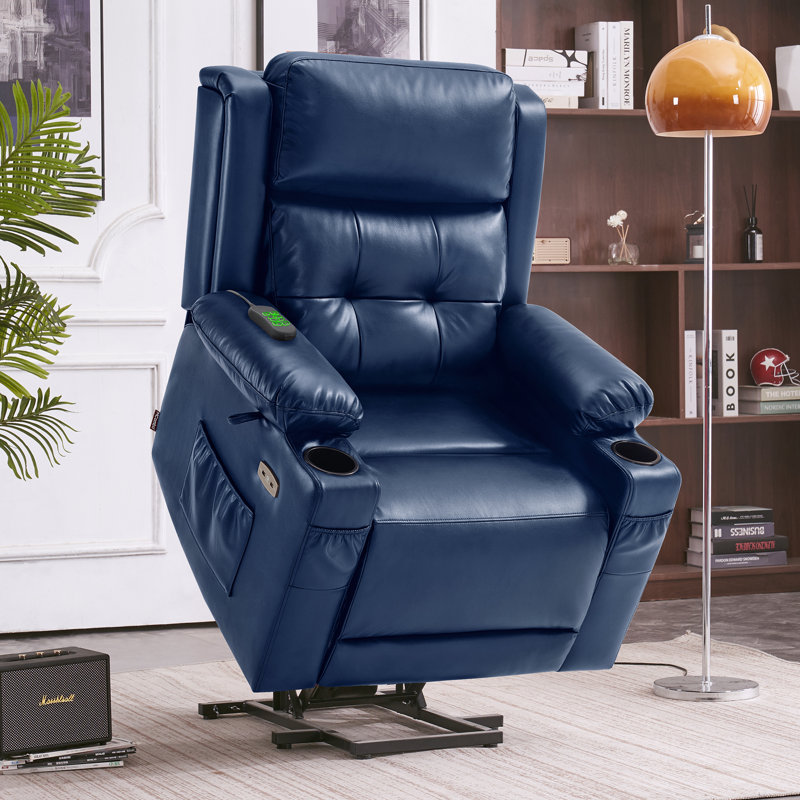Coolkeeran Lay Flat Dual Motor Power Recliner Lift Chair with Heat and Massage, Infinite Position, Blue Faux Leather