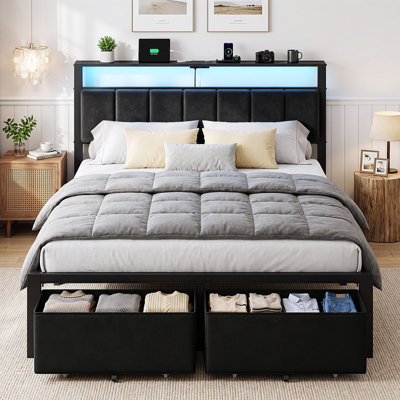Upholstered Bed Frame With LED Lights, 2 Tier Storage Headboard and Charging Station