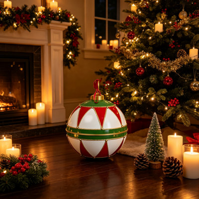 16 Inch Large Vintage Christmas Ball Ornament, Metal Christmas Bauble Decor, Festive Hanging Christmas Bell Decor for Front Porch, Gate, Indoor Fireplace, Holiday Home Party Decor