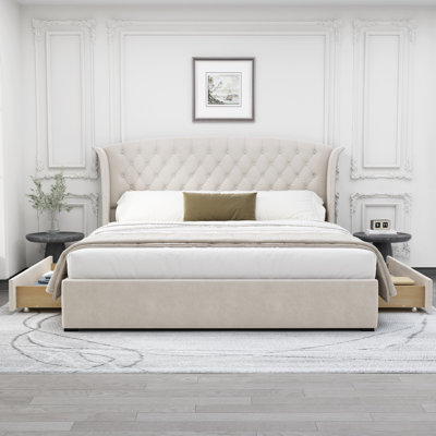 Tanikia Bed Frame with Storage Drawers and Velvet Upholstered Wingback Headboard – Durable Platform Bed with Spacious Under-Bed Drawers, Metal Support by Latitude Run