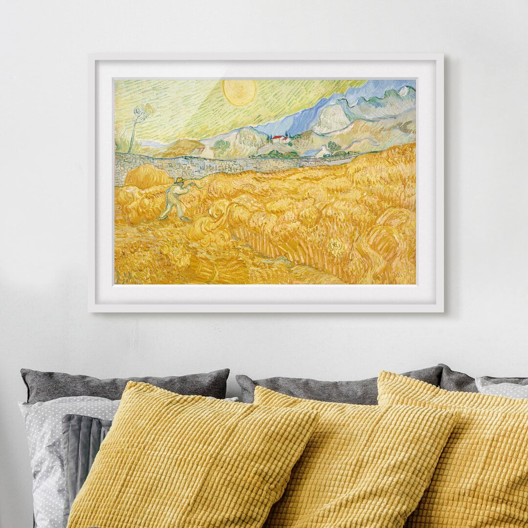 Gerahmtes Papierbild Kornfeld mit Schnitter von Vincent van Gogh