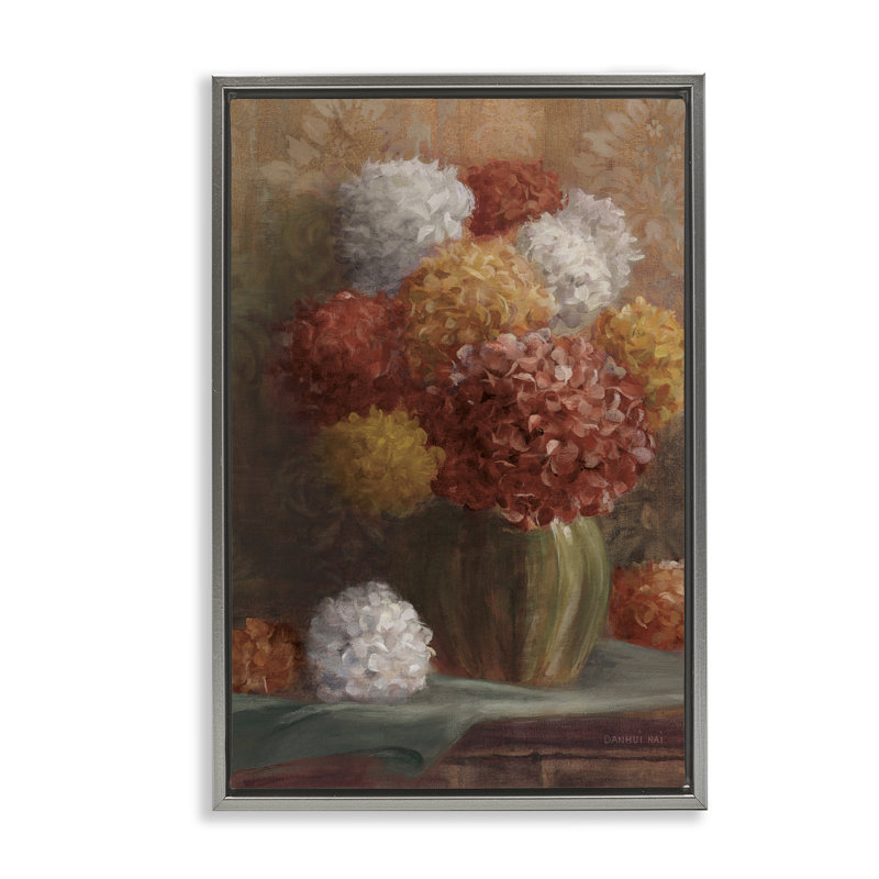 Cadre flottant à tons chauds d'hortensias, design par Danhui Nai, H 31 po x l 21 po, Cadre flottant gris lustré