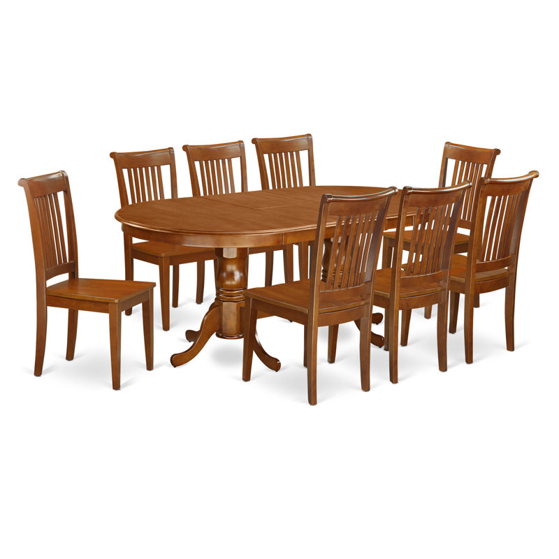 9 Piece Dining Set Includes an Oval Kitchen Table with Butterfly Leaf and 8 Dining Chairs, Saddle Brown, Wooden Seat