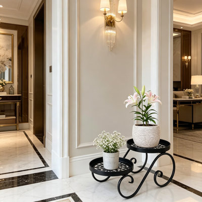 Support à plantes à 2 niveaux pour l'intérieur et l'extérieur, présentoir en fer résistant à la rouille avec plateaux décoratifs pour plantes en pot multiples