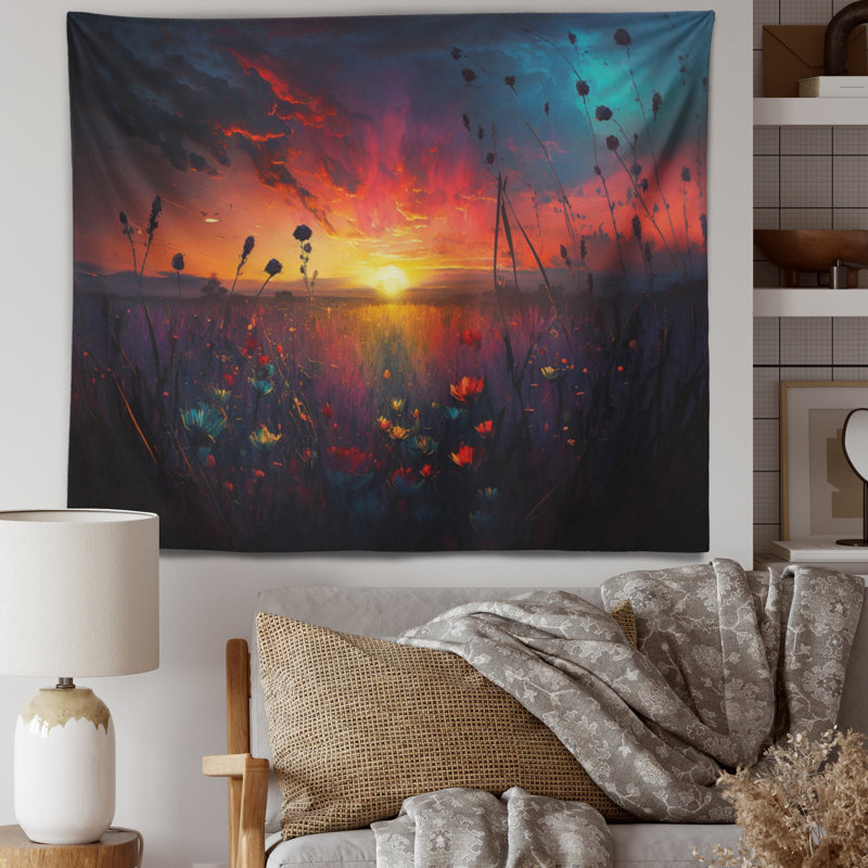 Tapisserie fleurie en polyester au coucher du soleil avec des punaises, H 50 po x l 60 po