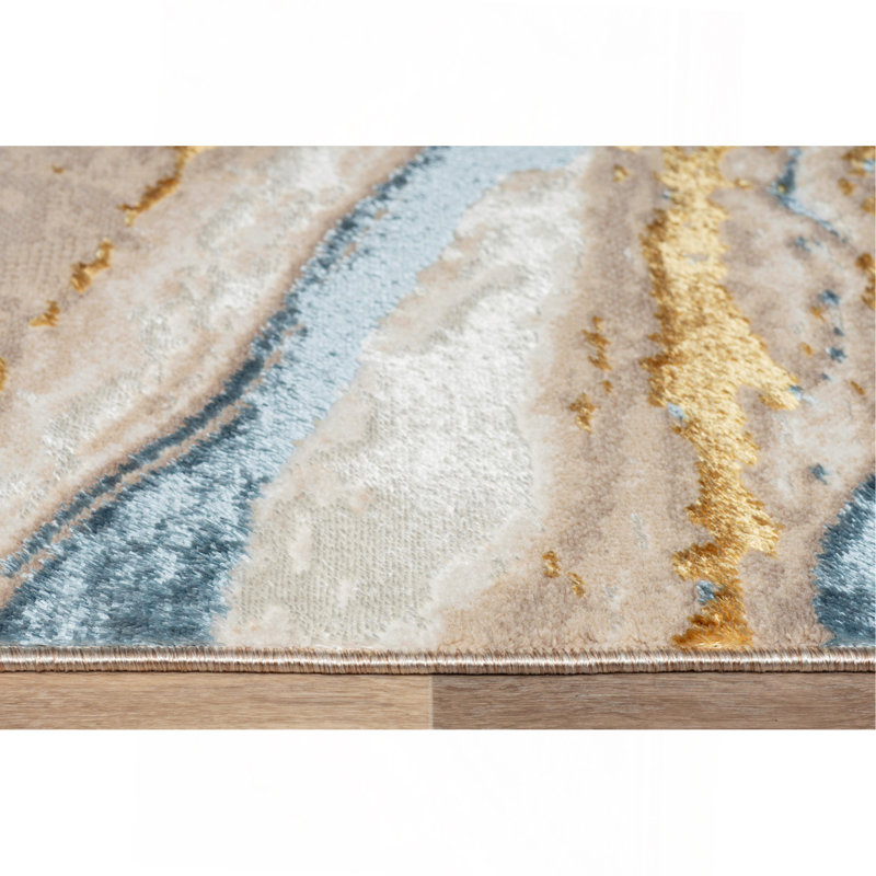Tapis de luxe à motif abstrait beige, doré et bleu, Rectangle 2 pi x 2 pi 12 po
