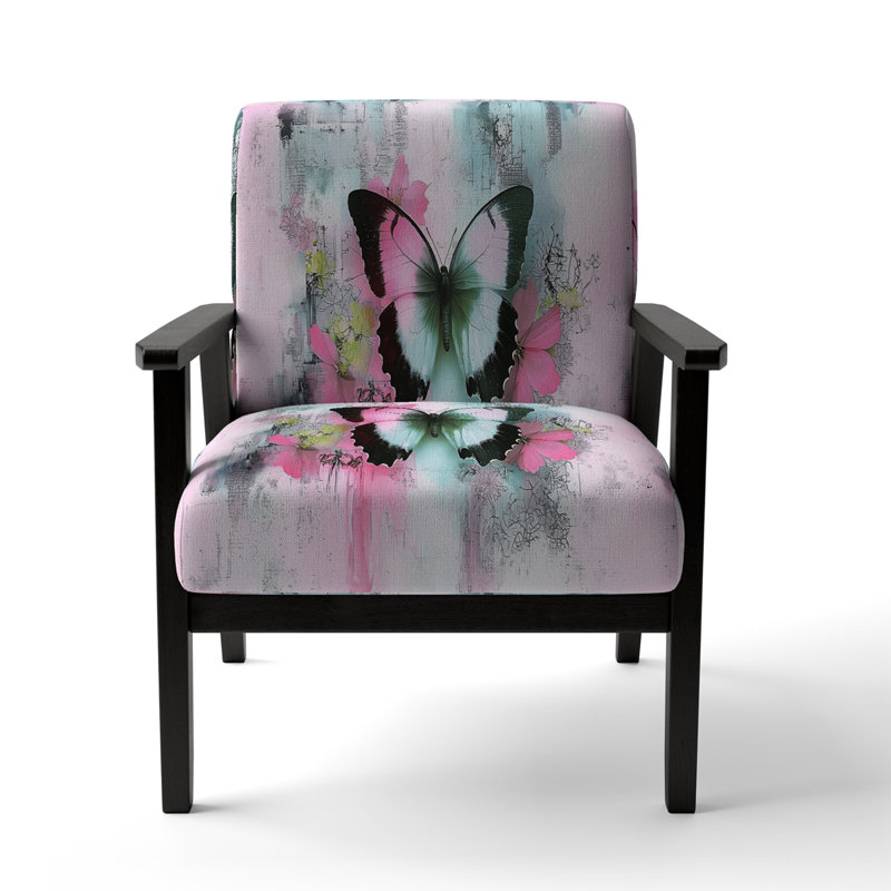 Magiera - Buttlerfly In Watercolor Painting - Velvet  Upholstered Floral Accent Arm Chair, Pink/Green, Black
