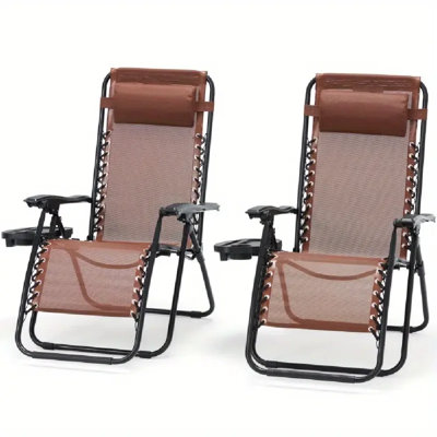 Patio Zero Gravity Folding Recliner Chairs Set Of 2, Outdoor Lounge Chairs With Cup Holder And Detachable Headrest, For Camping, Lawn, And Garden, Brown