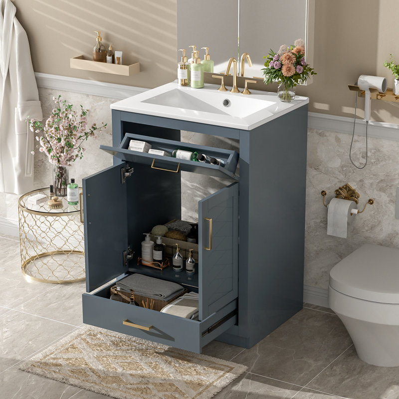 Meuble-lavabo avec lavabo, 2 portes et 1 tiroir basculant, Bleu