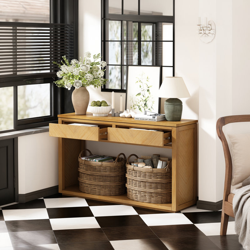 Console rustique en bois avec tiroirs de rangement et tablette ouverte - Table d'entrée élégante pour le couloir et le salon