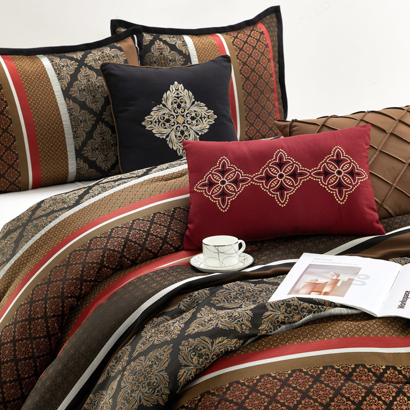 Red and Brown Microfiber Queen Comforter Set with Decorative Pillows