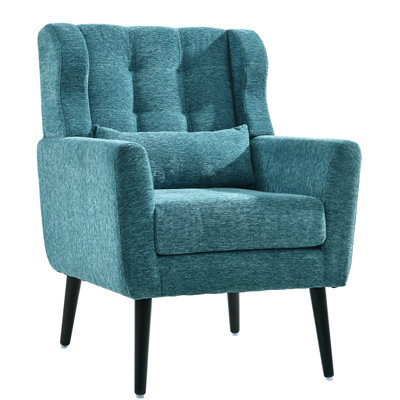 Modern Accent Armchair In Teal Color. Ergonomic, Wood Legs, Chenille, Foam Filled Seat Living Room Bedroom Chair. Chenille Fabric, High Filling